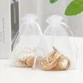 White organza drawstring jewelry pouch with satin ribbon and mesh texture for gifts - 5*7cm / White