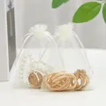 White organza drawstring jewelry bags with ribbon closure for elegant gift packaging - Beige