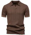 Polo in maglia marrone a maniche corte con strisce verticali e dettagli a contrasto - S / Stile Scollo a V / caffè