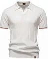 Polo da uomo in maglia bianca con righe verticali e dettagli marroni sui polsini - S / Stile Scollo a V / Bianco