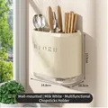 Cream white wall-mounted utensil holder with water tray for kitchen storage - Wall-mounted Chopstick Cage With Transparent Water Tray / Cream White