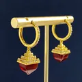 Elegant gold hoop earrings with pyramid structure and emerald-cut ruby style pendant - Red Agate Pyramid Pendant Earrings / Gold