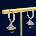 Detail of gold pyramid hoop earrings with micro-pave diamonds and black onyx stone - Black Agate Pyramid Pendant Earrings / Silver