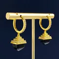 Pyramid dangle earrings with black onyx pendants and diamond accents on gold setting - Black Agate Pyramid Pendant Earrings / Gold