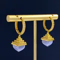 Golden pyramid earrings with blue agate stone and micro-pave crystals on a T-bar stand - Blue Lace Agate Pyramid Pendant Earrings / Gold