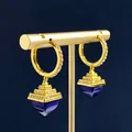 Elegant gold pyramid hoop earrings with deep blue gemstones and sparkling crystals - Lapis Lazuli Pyramid Pendant Earrings / Gold