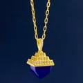 Gold tiered pyramid necklace with shimmering crystals and a large blue gemstone pendant - Lapis Lazuli Pyramid Pendant Necklace / Gold