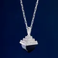 Artistic gold pyramid pendant necklace with emerald accents and black agate stone - Black Agate Pyramid Pendant Necklace / Silver