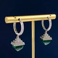 Hoop earrings with pyramid pendant featuring emerald malachite and pavé diamonds - Malachite Pyramid Pendant Earrings / Silver