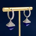 Silver hoop earrings with tiered diamond pyramids and a dark blue heart gemstone - Lapis Lazuli Pyramid Pendant Earrings / Silver