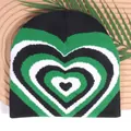 Retro Y2K knit beanie featuring green heart jacquard pattern on a rustic background - One Size / Black Green