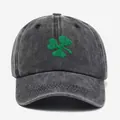 Washed dark gray baseball cap featuring green clover embroidery with a wide brim - One Size / Black