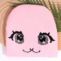 Bonnet en tricot rose avec motif jacquard d'yeux de dessin animé pour femmes - Taille unique / Rose