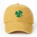 Mustard yellow baseball cap with green clover embroidery and washed cotton texture - One Size / Yellow