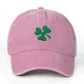 Pink washed cotton baseball cap with green shamrock clover embroidery on the front - One Size / Light Pink