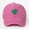 Pink washed cotton baseball cap with green clover embroidery and pre-curved brim - One Size / Rose Red