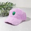Pink plush baseball cap with green alien embroidery for winter outdoor warmth - Light Purple