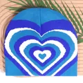 Blue and white gradient heart pattern Y2K knit beanie on a decorative wooden tray - One Size / Teal