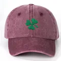 Retro burgundy cotton baseball cap with green clover embroidery and wide brim style - One Size / Burgundy