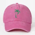 Pink washed cotton baseball cap featuring green palm tree embroidery with curved brim - One Size / Rose Red