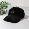 Plush winter baseball cap in black with white alien embroidery for warmth and style - Black
