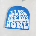 Detail of the navy blue knit beanie featuring large white jacquard lettered embroidery - Sapphire Blue