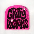 Detail of rose pink knit beanie with black jacquard text and spider web graphic pattern - One Size / Deep Pink