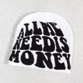 Detailed texture of a white knitted beanie featuring bold black HONEY text on front - White