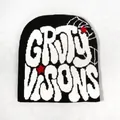 Streetwear black knit beanie featuring white GROTY VISONS graffiti font and red stars - One Size / Black