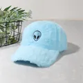 Detail of plush sky blue baseball cap featuring a black alien embroidery and soft texture - Light Blue