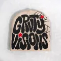 Detailed close-up of knitted cream beanie with black GROOVY VISIONS text and red stars - One Size / Off White