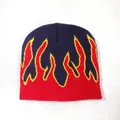 Knitted beanie hat in dark blue and red with vibrant flame pattern for streetwear - One Size / Navy Blue