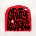 Detail of red knit beanie with GRTY VISONS lettering, spider web and star patterns - One Size / Red