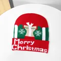 Christmas knit beanie in red and green with Merry Christmas text and gift box patterns - Red Gift Style