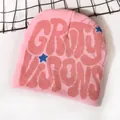 Pink knitted beanie with Groovy Visions text and blue stars embroidery - One Size / Light Pink