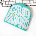 Teal knitted beanie with white GRTY VISIONS letters and yellow stars pattern - One Size / Cyan