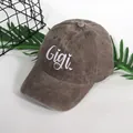 Brown corduroy baseball cap with white Gigi embroidery and heart detail on front - Adjustable / Brown