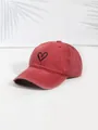 Vintage red cotton baseball cap featuring black heart embroidery and six-panel design - One Size / Burgundy with Black Heart