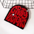 Black and red knitted beanie featuring Dirty Visions lettering and white stars - One Size / Black Red