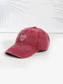 Washed wine red baseball cap with white heart embroidery in vintage cotton style - One Size / Burgundy with White Heart