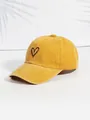 Breathable yellow washed cotton baseball cap with black heart embroidery detail - One Size / Yellow