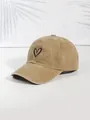 Khaki cotton baseball cap with minimalist black heart embroidery and washed texture - One Size / Khaki