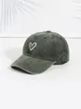Vintage olive green washed cotton baseball cap with white heart embroidery design - One Size / Dark Green