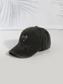 Washed black cotton baseball cap with white heart embroidery in minimalist style - One Size / Black