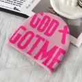 Pink knit beanie with bold God Got Me text and cross logo for a street style look - One Size / Pink
