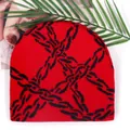Red knit beanie hat featuring black chain pattern print in a stylish hip-hop streetwear design - One Size / Red