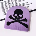 Purple Y2K beanie with black skull and crossbones jacquard knit for winter warmth - One Size / Light Purple
