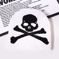 Y2K gothic knitted beanie in white with black skull and crossbones jacquard pattern - One Size / White