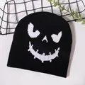 Halloween knitted beanie with white pumpkin face jacquard pattern on black acrylic fabric - One Size / Black