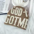Brown knit beanie with white GOD GOT ME jacquard lettering and cross symbol design - One Size / Brown